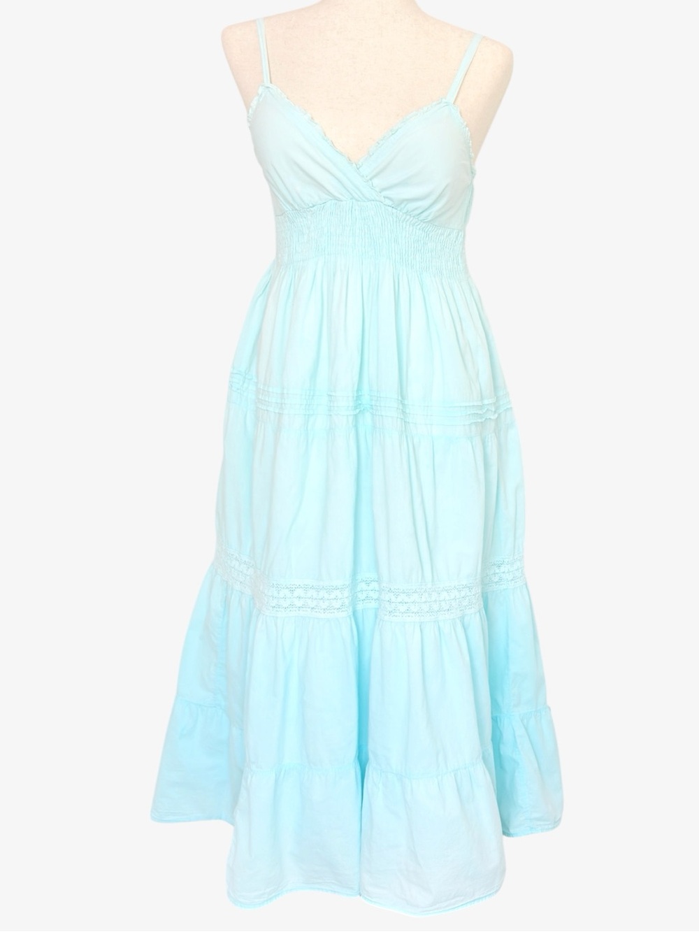 90s Maxi Babydoll Tiered Dress M Lace Trim Costal Cowgirl  Prairie Icy  Blue - Picture 4 of 12